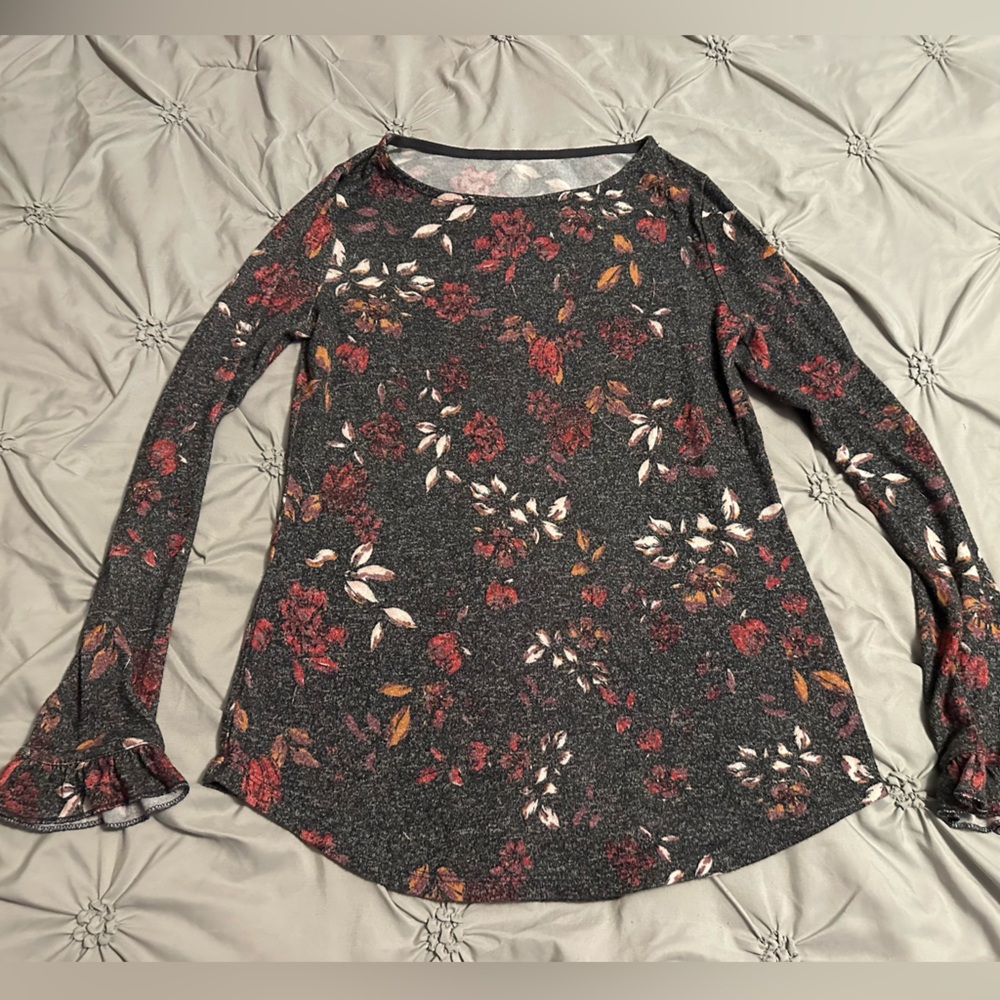Maurices 24/7 Women’s Black Floral Knit Stretch Long Sleeve Tunic Blouse Sz L